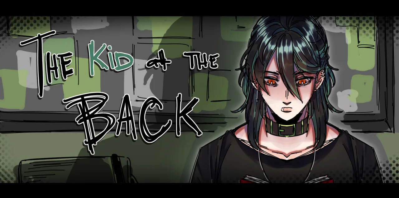 Sol sitting in a shadowed classroom beneath THE Kid at THE BACK title art